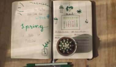 Caderno para bullet jorunal com ilustrações e calendário desenhados à mão.
