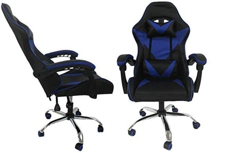 Cadeira gamer reclinável azul e preta.